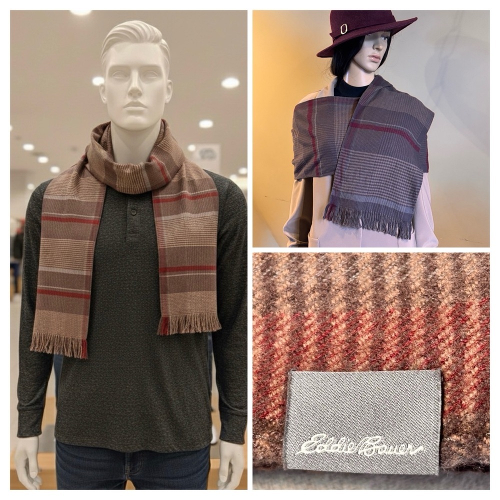 Eddie Bauer Plaid Striped Fringed Cotton Scarf